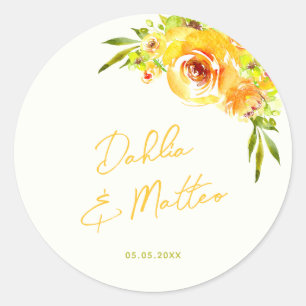 Pegatina Redonda Amarillo Verde Floral Brillante Boda Personalizada