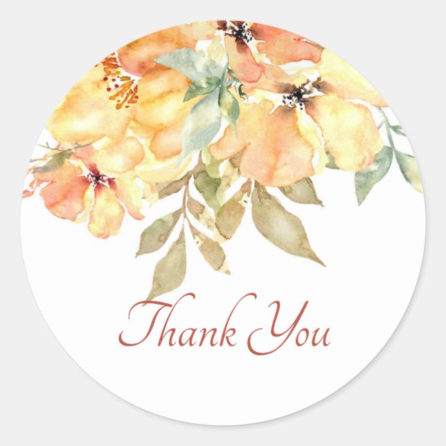 Pegatina Redonda Amarillo y naranja acuarela floral gracias cla (Anverso)