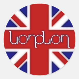 Pegatina Redonda Ambigram de "Londres" en bandera BRITÁNICA