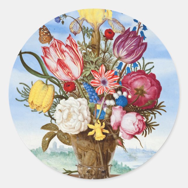Pegatina Redonda Ambrosius Bosschaert Bouquet de flores todavía sig (Anverso)