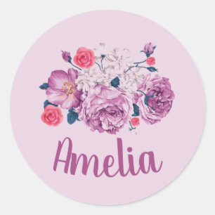 Pegatina Redonda Amelia Nombre Personalizado Floral Rosa de flores 
