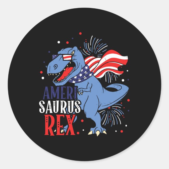 Pegatina Redonda Ameri Saurus Rex 4 de julio Dinosaurio Independenc (Anverso)