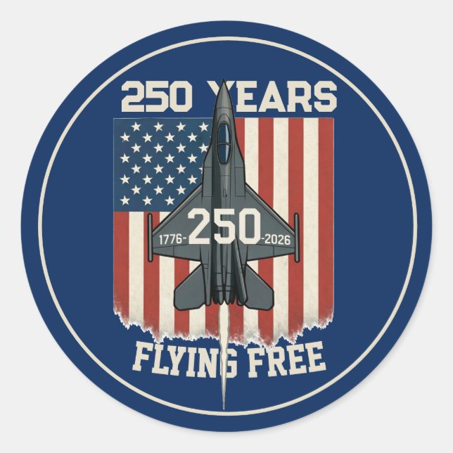Pegatina Redonda America 250 Years Flying Free Jet - 1776-2026  (Anverso)