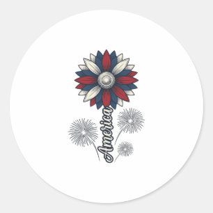 Pegatina Redonda América Patriótica Flor Fuegos Artificiales Diseño