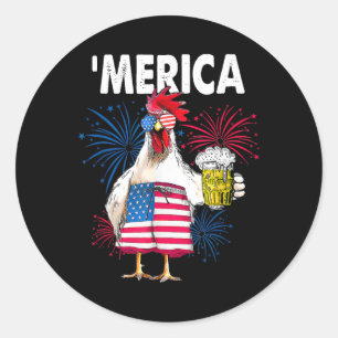 Pegatina Redonda América Pollo Divertido Con Cerveza Usa Bandera Am