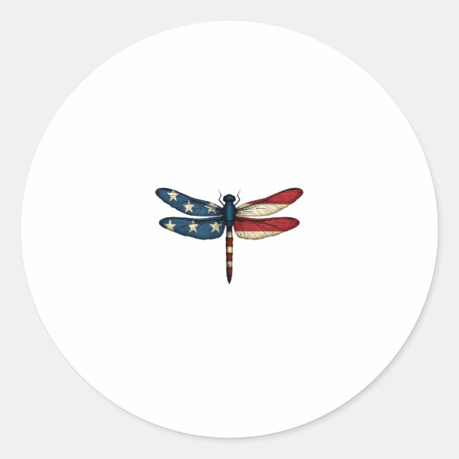 Pegatina Redonda American Flag Dragonfly Patriotic 4th of July Red  (Anverso)