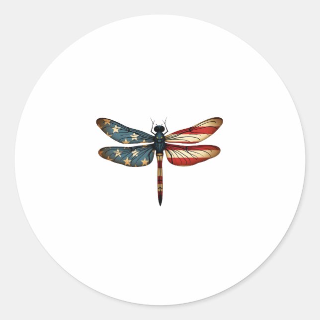Pegatina Redonda American Flag Dragonfly Patriotic 4th of July Red  (Anverso)