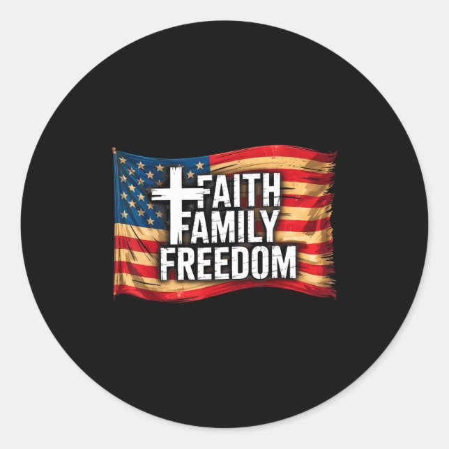 Pegatina Redonda American Flag Faith Family Dom Christian  (Anverso)