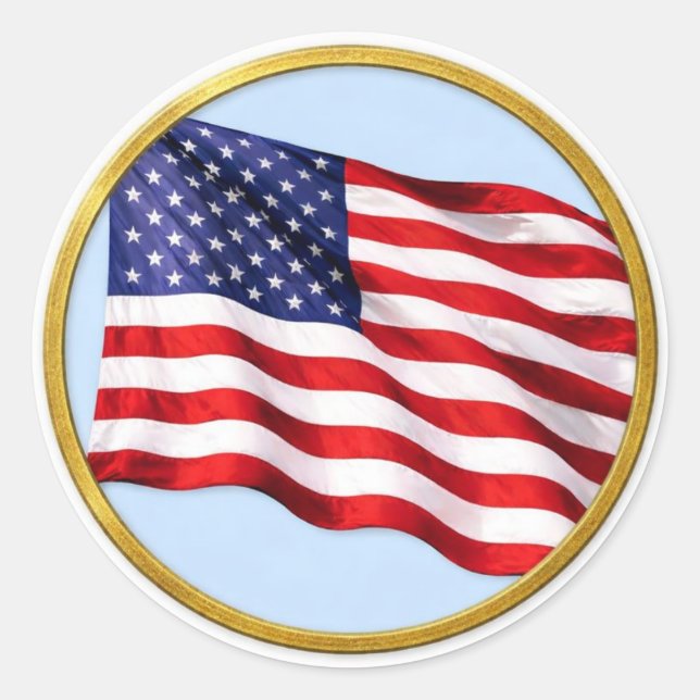 Pegatina Redonda American Flag Gold Trim Round Sticker – Patriotic (Anverso)