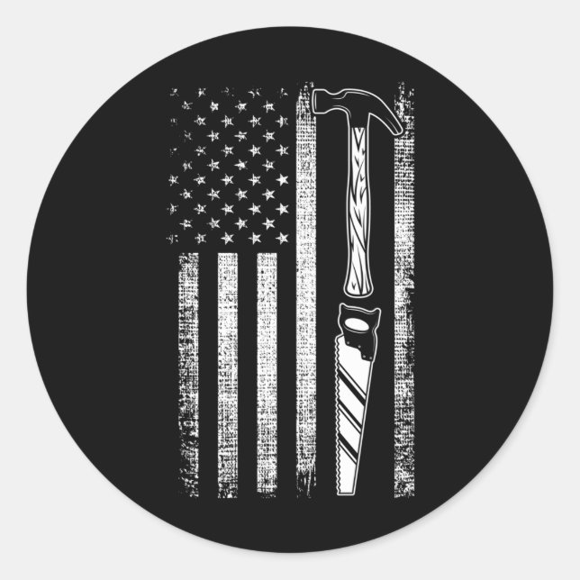 Pegatina Redonda American Flag Woodworker USA Carpenter (Anverso)
