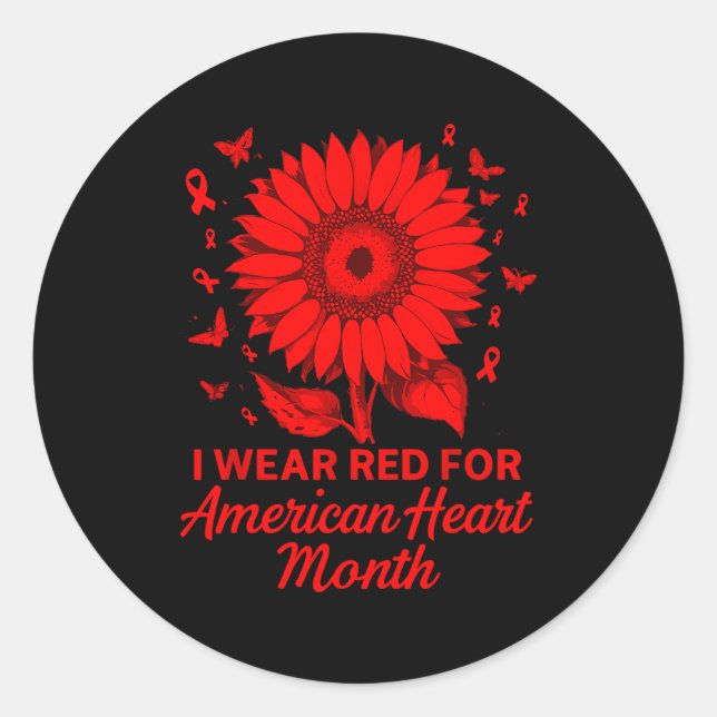 Pegatina Redonda American Heart Disease Awareness Month Ribbon Red  (Anverso)