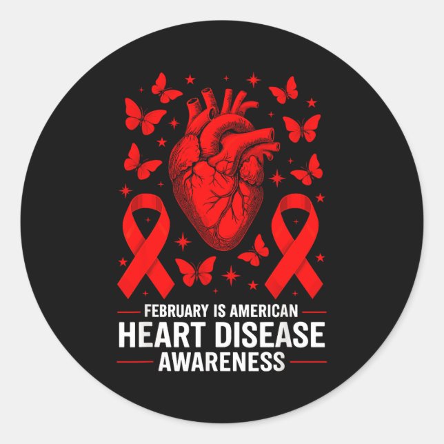 Pegatina Redonda American Heart Disease Awareness Month Ribbon Red  (Anverso)