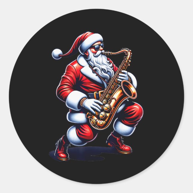Pegatina Redonda American Santa Playing Saxophone Xmas Jazz Christm (Anverso)
