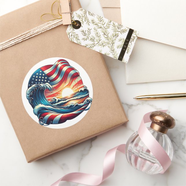 Pegatina Redonda American USA Flag Beach Wave Sunset Patriotic Art (Regalar)