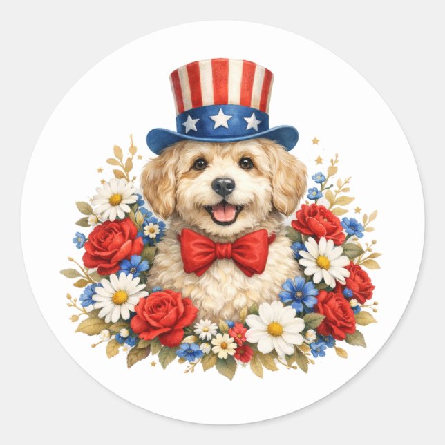 Pegatina Redonda Americana Puppy Illustration (Anverso)