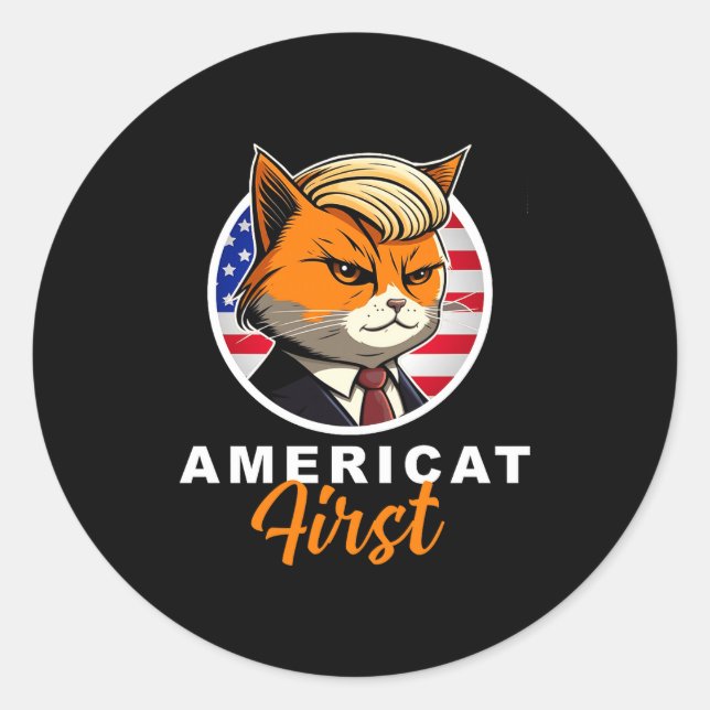 Pegatina Redonda Americat First Funny Patriot America Cats Presiden (Anverso)