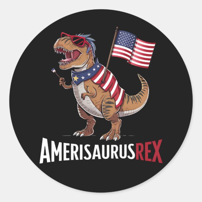 Pegatina Redonda Amerisaurus Rex Dinosaurio Patriótico 4 de julio (Anverso)