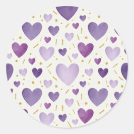 Pegatina Redonda Amethyst Dream Watercolor & Gold Glitter Hearts