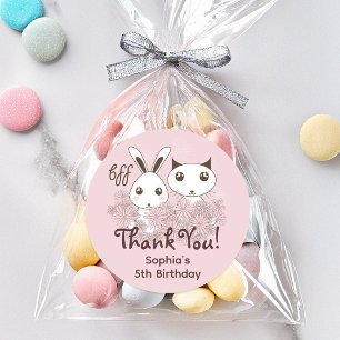 Pegatina Redonda Amigos Animales Rosados Cumpleaños Infantil