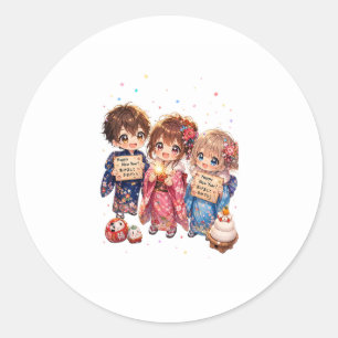 Pegatina Redonda • Amigos Chibi con Kimonos Sosteniendo Signos de A