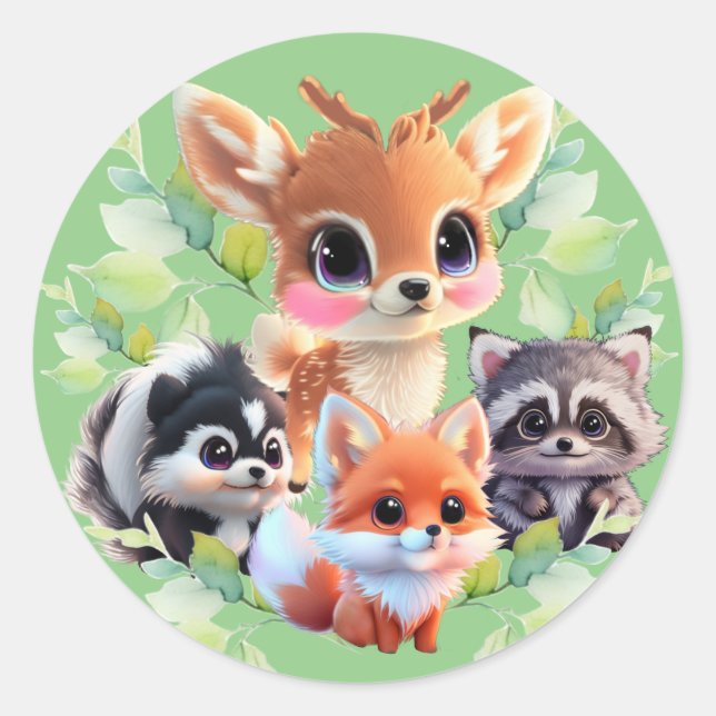 Pegatina Redonda Amigos de Cute Woodland zorro zorrillo raccoon ven (Anverso)