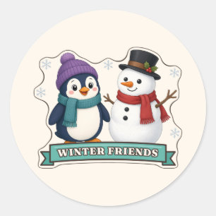 Pegatina Redonda Amigos de Invierno Pingüino y Muñeco de Nieve