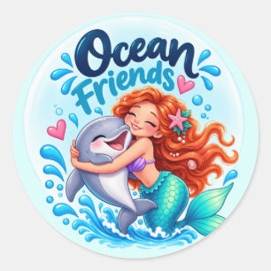 Pegatina Redonda Amigos del Océano Sirena y Delfín Clásico Redondo