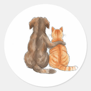 Pegatina Redonda Amistad de Perro y Gato Acuarela