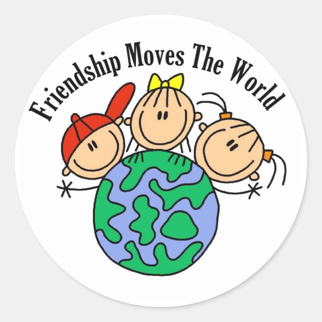 Pegatina Redonda Amistad mueve camisetas y regalos al mundo (Anverso)