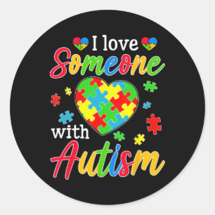 Pegatina Redonda Amo a alguien con conciencia del autismo corazón h