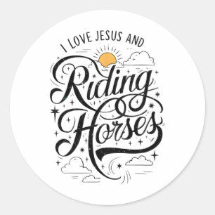 Pegatina Redonda Amo A Jesús Y A Los Chicas De Caballos En Caballo.