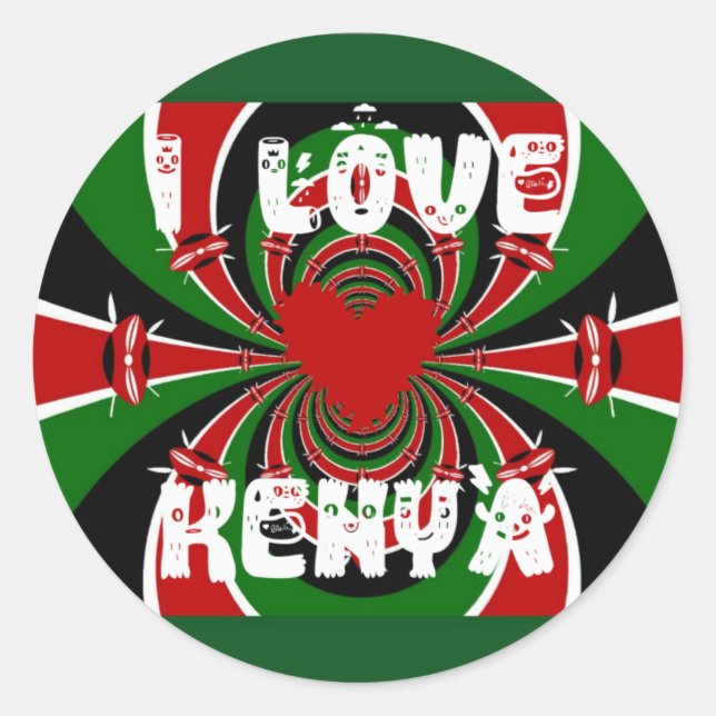 Pegatina Redonda Amo a Kenia: Arte de Bandera Dinámica (Anverso)