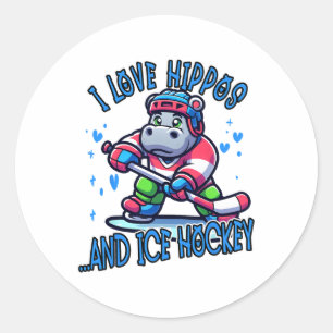 Pegatina Redonda Amo a los hipopótamos y al hockey sobre hielo Dive