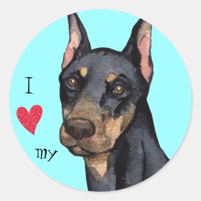 Pegatina Redonda Amo a mi Doberman (Anverso)
