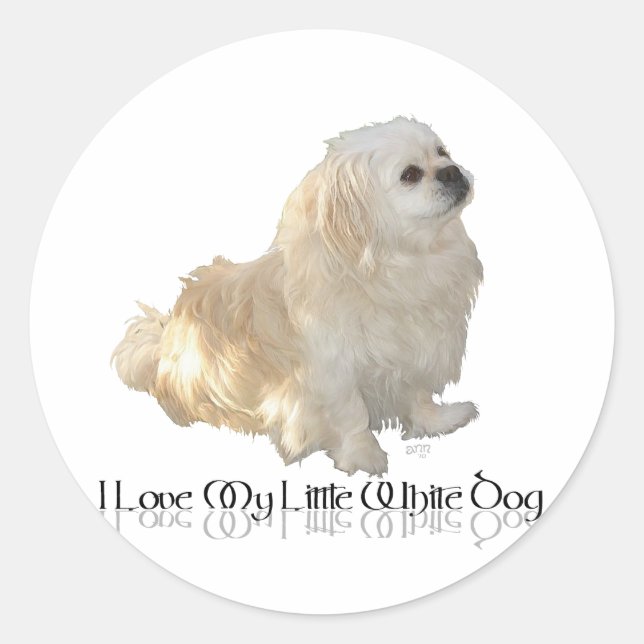 Pegatina Redonda Amo a mi pequeño perro blanco - Pekingese ! (Anverso)