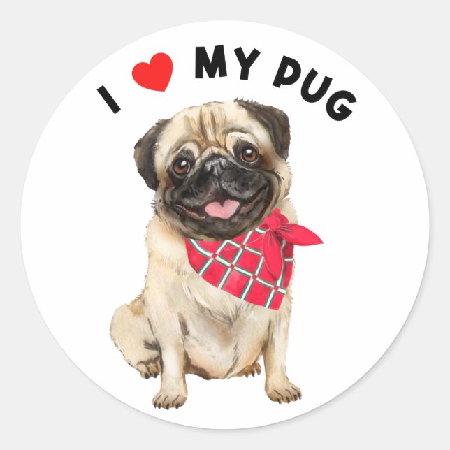 Pegatina Redonda Amo a mi perro picante de pug cuteado con arte de  (Anverso)
