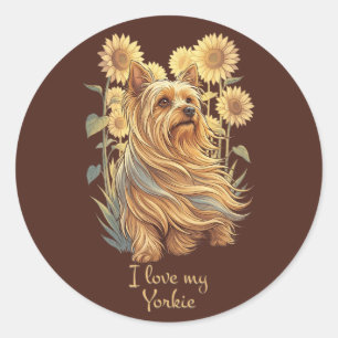 Pegatina Redonda Amo a mi Yorkie – Girasol Vintage Amante de los Pe