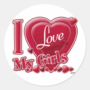 Pegatina Redonda Amo a mis Chicas rojos - corazón