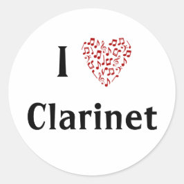 Pegatina Redonda Amo Clarinete Corazón Rojo de Notas Musicales