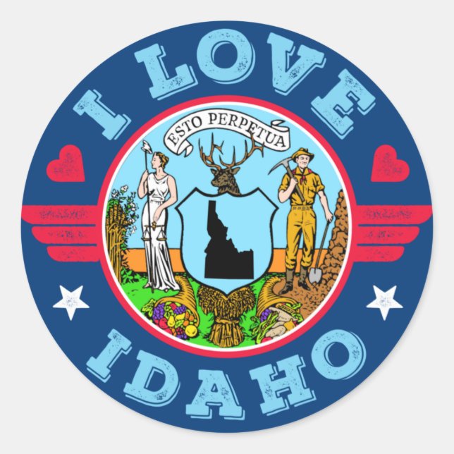 Pegatina Redonda Amo el mapa del estado de Idaho y su bandera (Anverso)