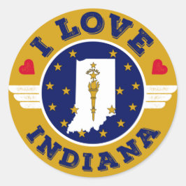 Pegatina Redonda Amo el mapa del estado de Indiana y su bandera