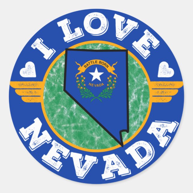 Pegatina Redonda Amo el mapa del estado de Nevada y su bandera (Anverso)