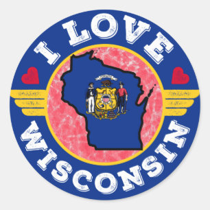 Pegatina Redonda Amo el mapa y la bandera del estado de Wisconsin