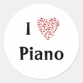 Pegatina Redonda Amo el piano Corazón rojo de notas musicales