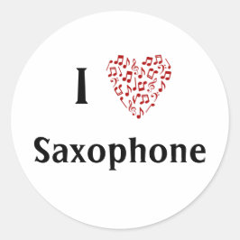 Pegatina Redonda Amo el Saxofón Corazón Rojo de Notas Musicales