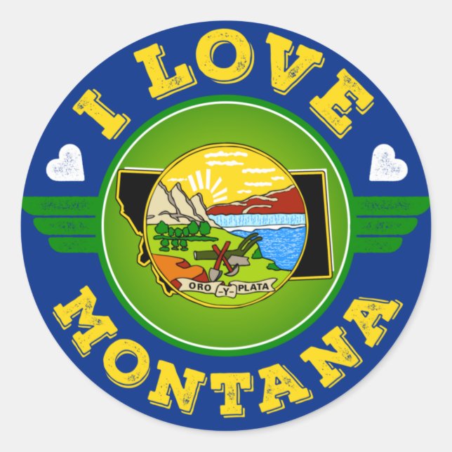 Pegatina Redonda Amo la bandera del estado de Montana y el mapa (Anverso)