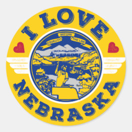 Pegatina Redonda Amo la bandera del estado de Nebraska y el mapa