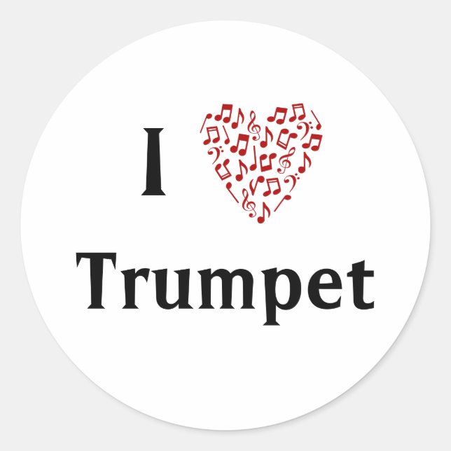 Pegatina Redonda Amo la trompeta Corazón rojo de notas musicales (Anverso)