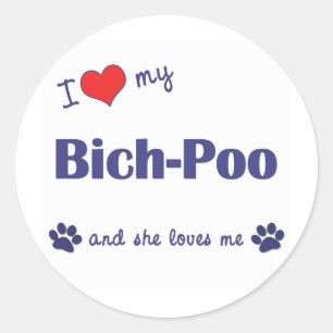 Pegatina Redonda Amo Mi Bich-Poo (Perro Femenino)