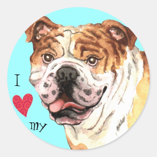 Pegatina Redonda Amo mi Bulldog (Anverso)